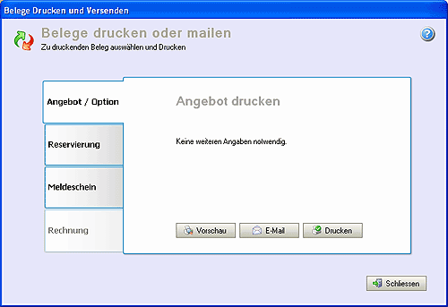 Belege für ein Angebot drucken oder per E-Mail versenden